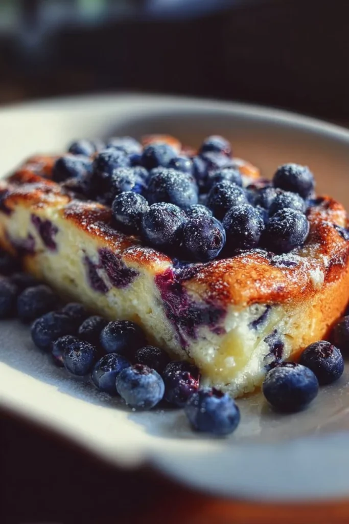 Blueberry Buttermilk Pancake Casserole baked in a dish, ready to serve.