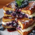 Delicious blueberry cheesecake stuffed French toast drizzled with syrup