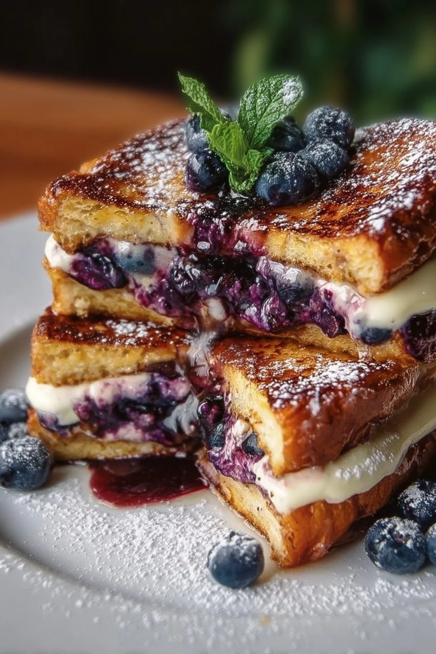 Delicious blueberry cheesecake stuffed French toast drizzled with syrup