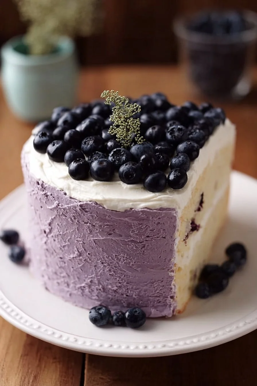 Delicious blueberry chiffon cake topped with fresh blueberries and whipped cream