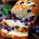 Freshly baked Blueberry Cream Cheese Bread topped with blueberries
