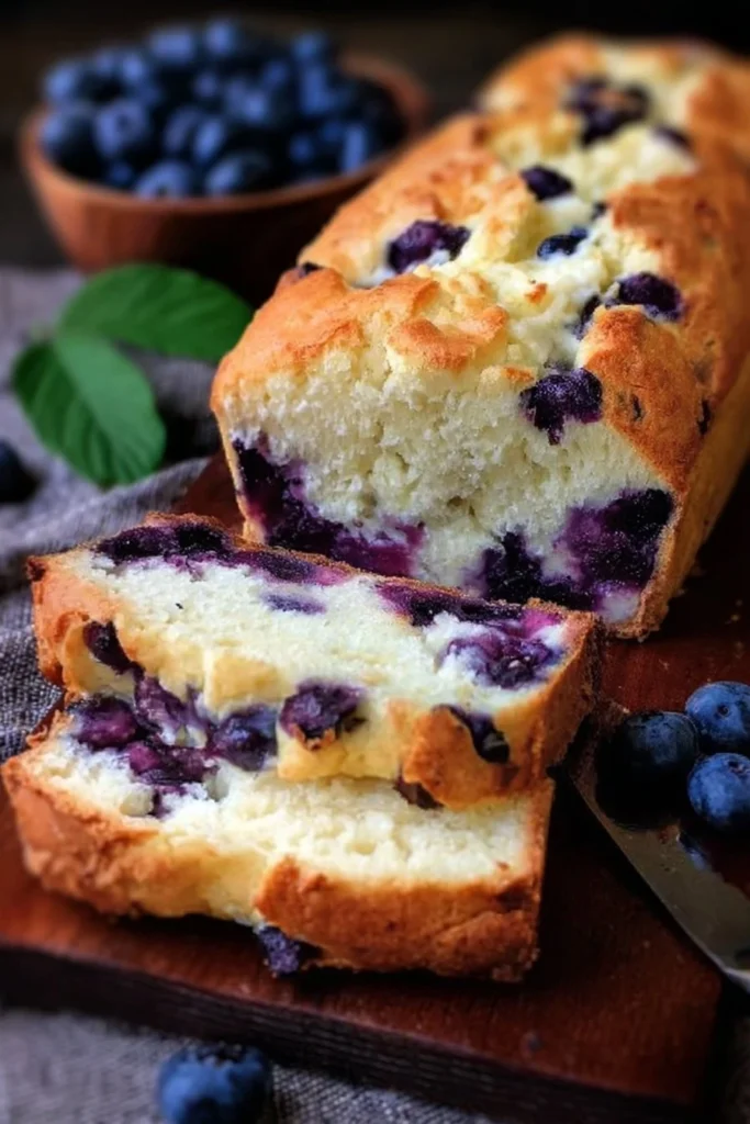 Freshly baked Blueberry Cream Cheese Bread topped with blueberries