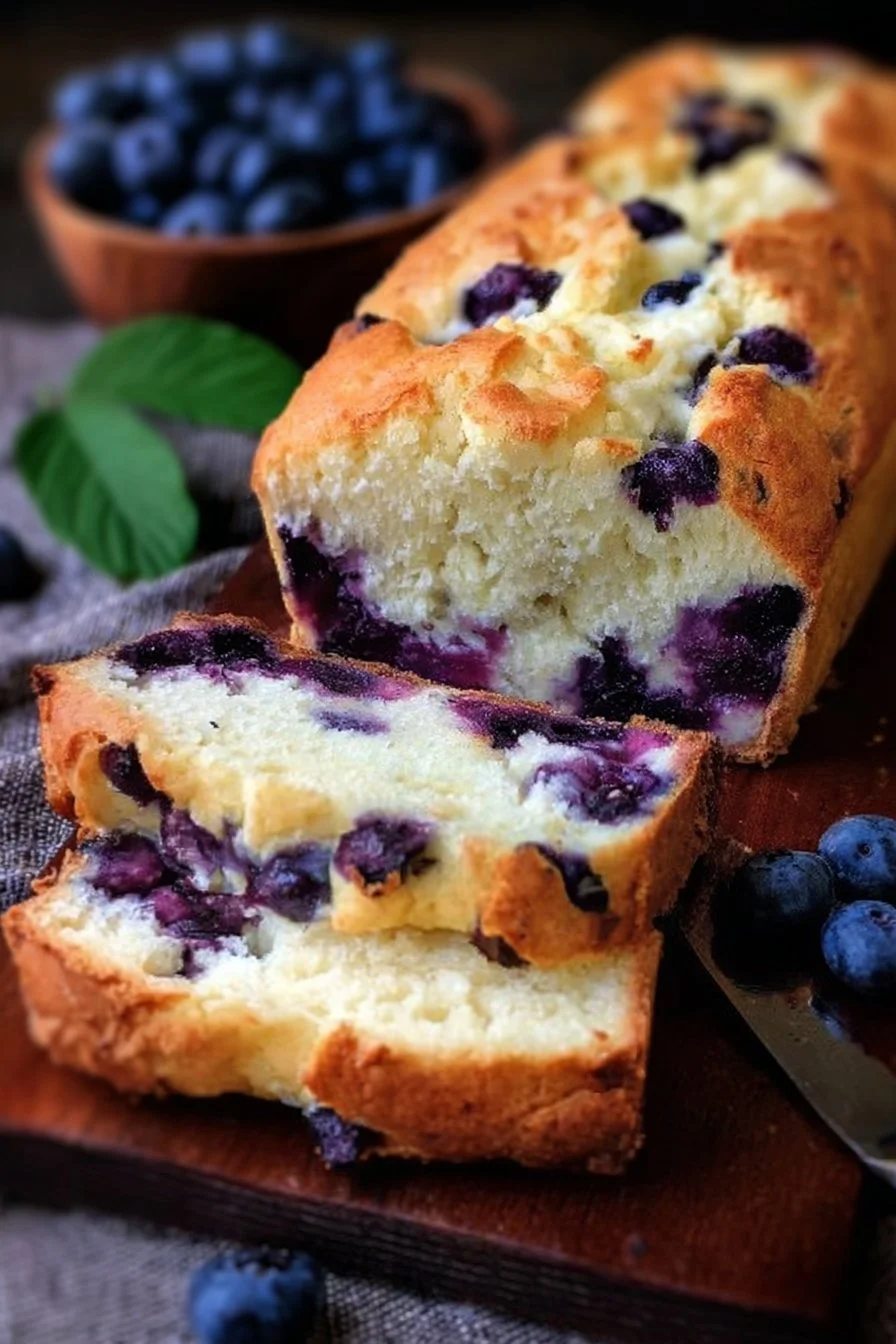 Freshly baked Blueberry Cream Cheese Bread topped with blueberries
