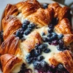 Blueberry cream cheese croissant casserole with fresh blueberries and cream cheese.