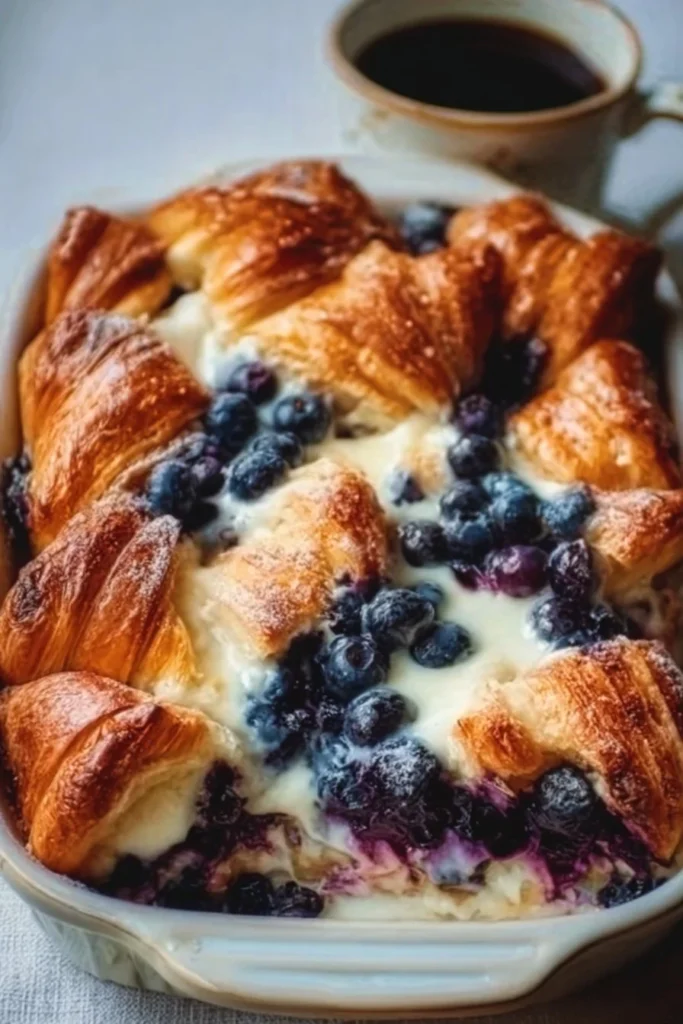 Blueberry cream cheese croissant casserole with fresh blueberries and cream cheese.