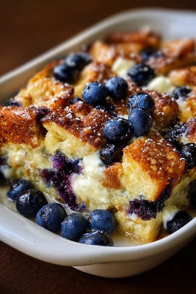 Blueberry cream cheese French toast casserole baked to perfection in a dish.
