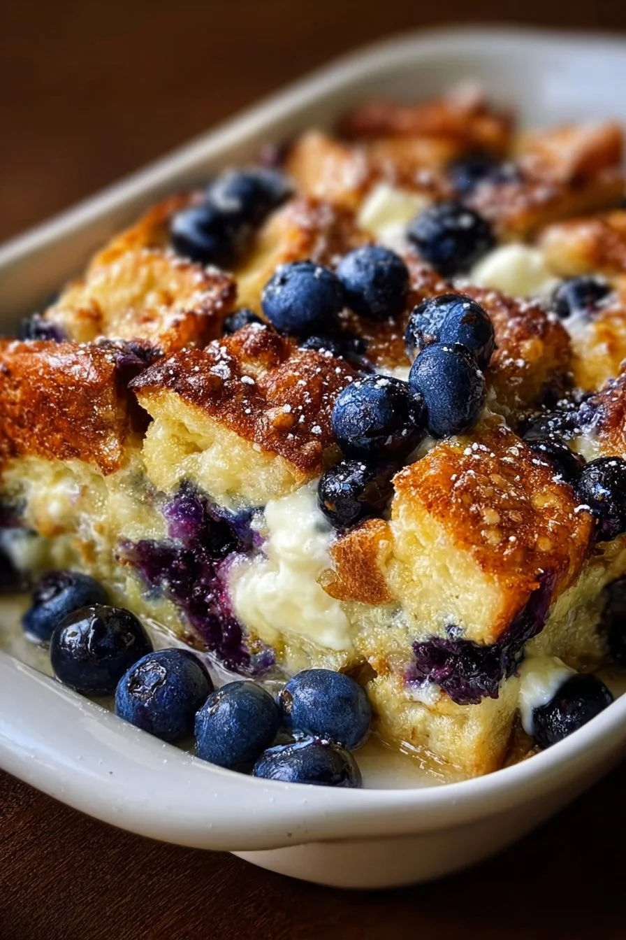 Blueberry cream cheese French toast casserole baked to perfection in a dish.