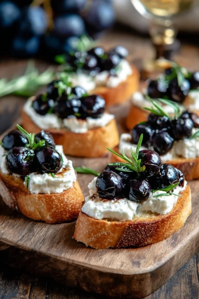 Delicious blueberry goat cheese crostini topped with fresh blueberries on toast.