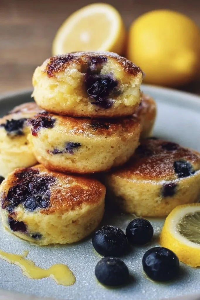 Blueberry lemon pancake bites stacked on a plate, topped with blueberries.