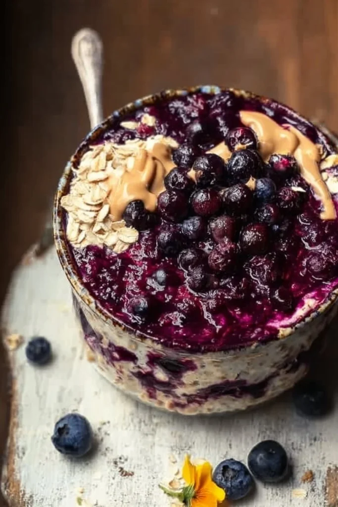 Bowl of blueberry pie overnight oats topped with fresh blueberries and almonds