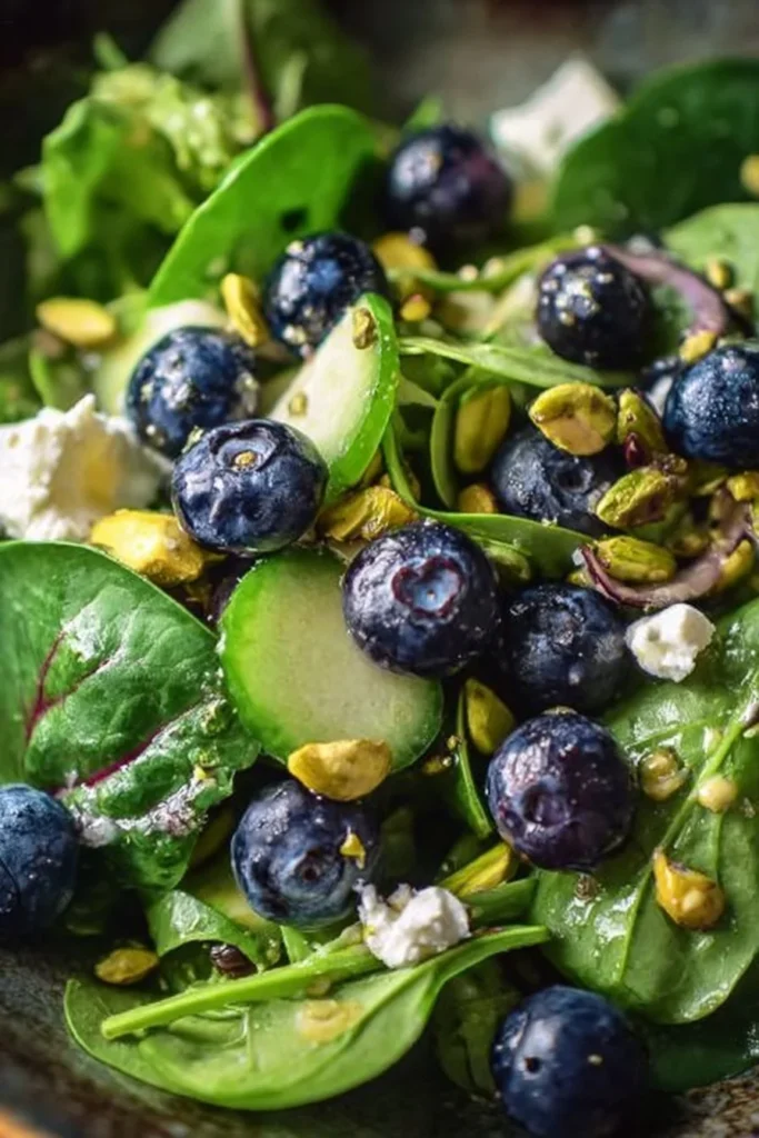 Delicious blueberry pistachio spring salad with fresh greens and vibrant toppings.