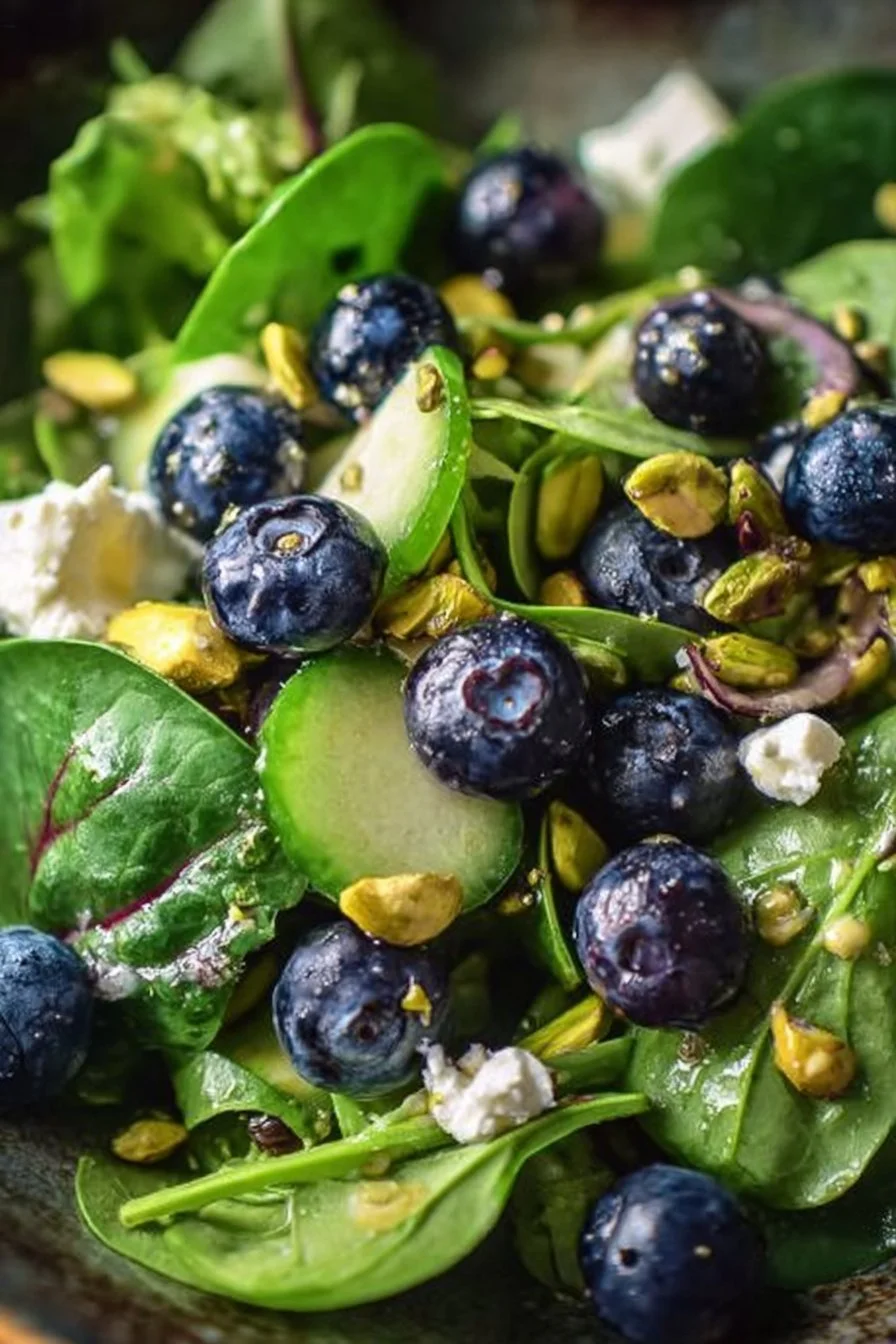 Delicious blueberry pistachio spring salad with fresh greens and vibrant toppings.