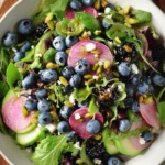Blueberry pistachio spring salad with vibrant greens and colorful ingredients