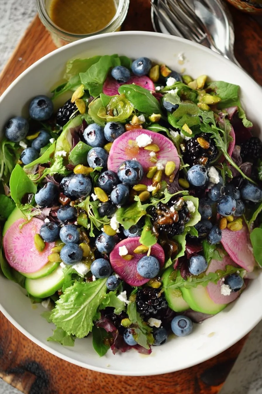 Blueberry pistachio spring salad with vibrant greens and colorful ingredients