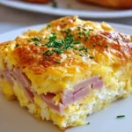 Breakfast casserole with ham and cheese served on a plate