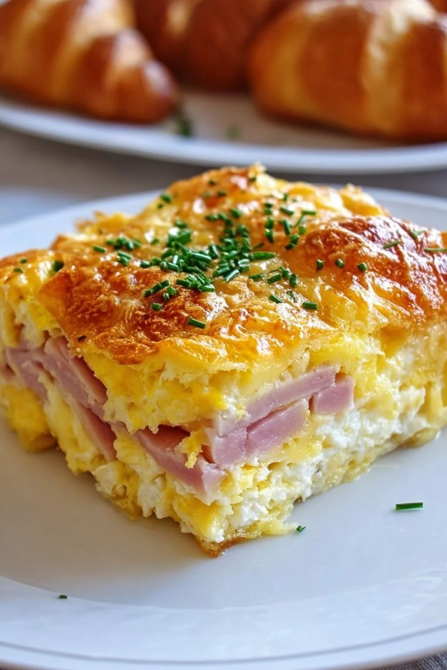 Breakfast casserole with ham and cheese served on a plate