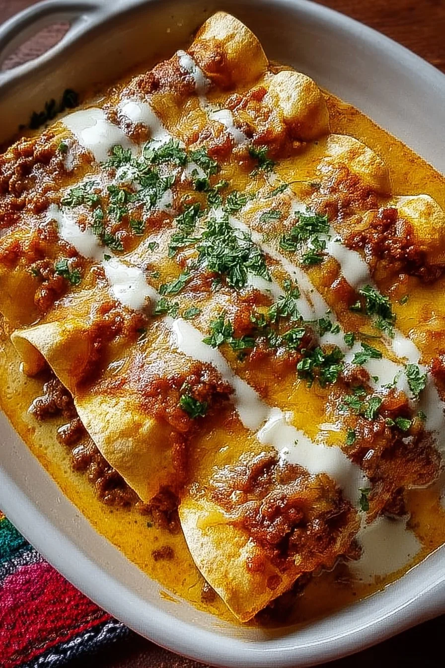 Delicious breakfast enchiladas filled with eggs, cheese, and salsa on a plate.