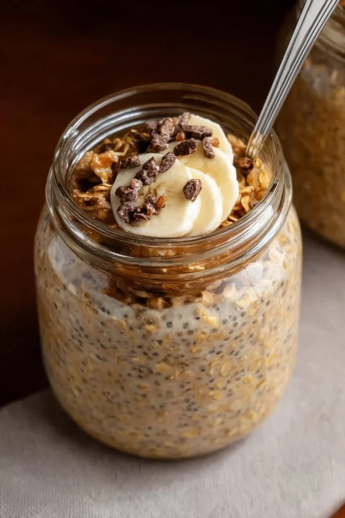 Bowl of brown sugar overnight oats topped with fruits and nuts