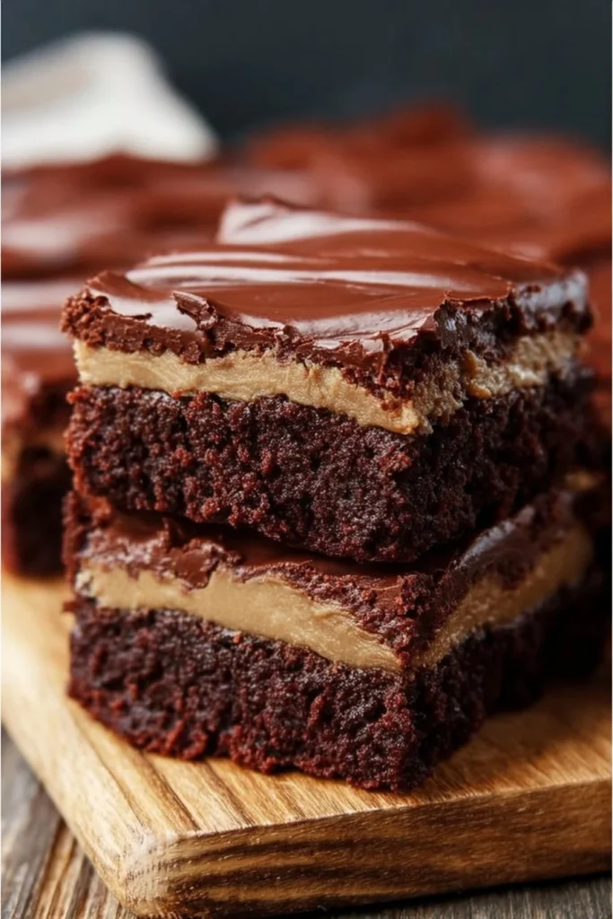 Delicious Buckeye Brownies with peanut butter and chocolate layers