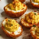 Cajun-style fried deviled eggs served on a platter with garnish.