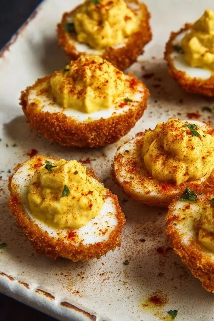 Cajun-style fried deviled eggs served on a platter with garnish.