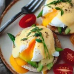 California Style Eggs Benedict topped with fresh avocado and hollandaise sauce