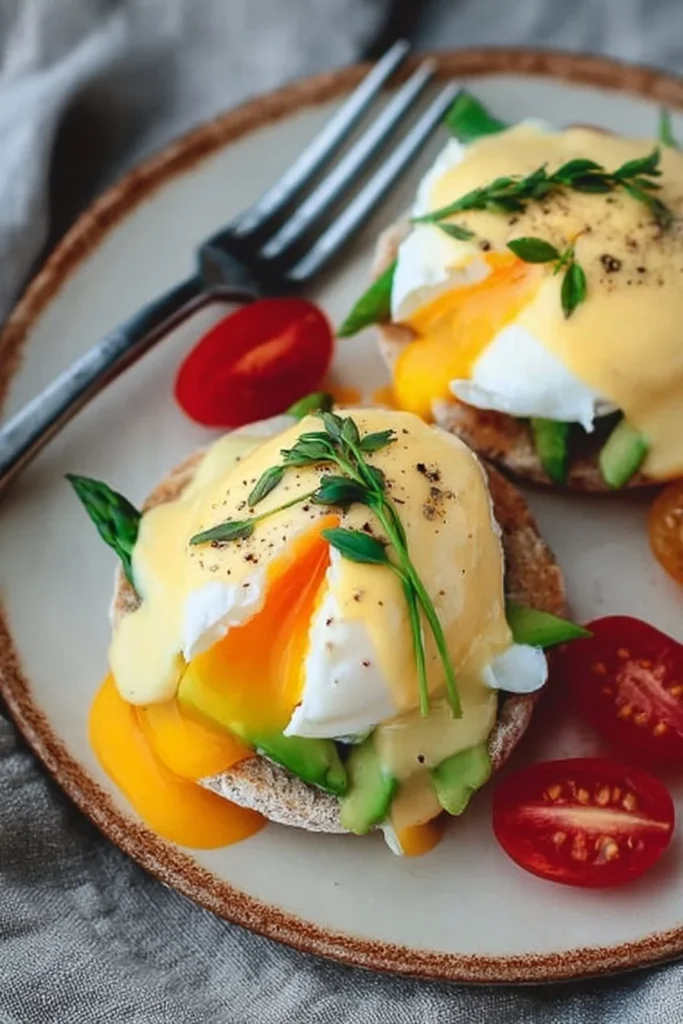 California Style Eggs Benedict topped with fresh avocado and hollandaise sauce