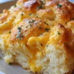 Cheddar Bay Biscuit Egg Breakfast Casserole served on a plate with herbs