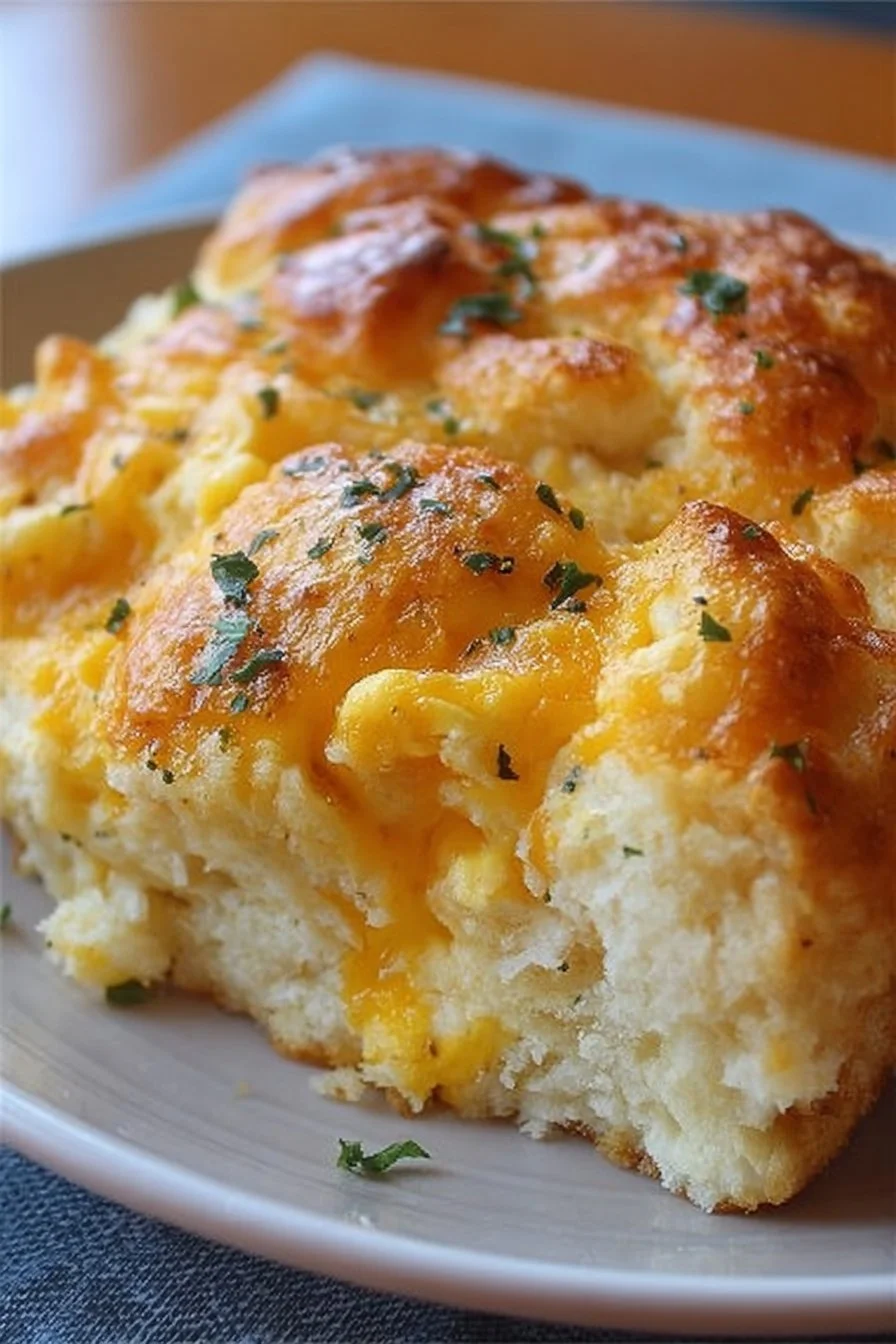 Cheddar Bay Biscuit Egg Breakfast Casserole served on a plate with herbs