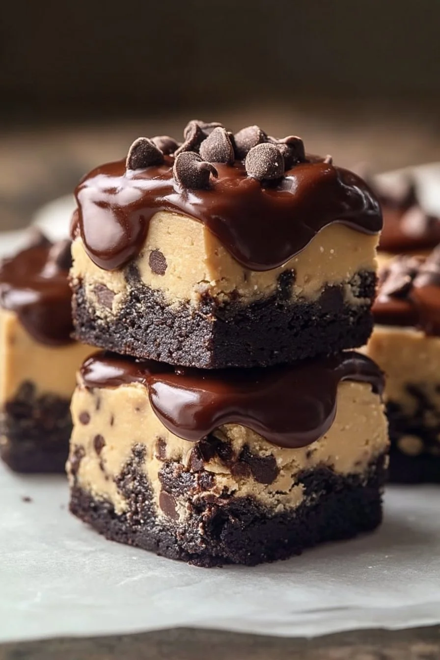 Delicious chocolate chip cookie dough brownie bites stacked in a tray.