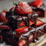 Delicious chocolate covered strawberry brownies on a plate