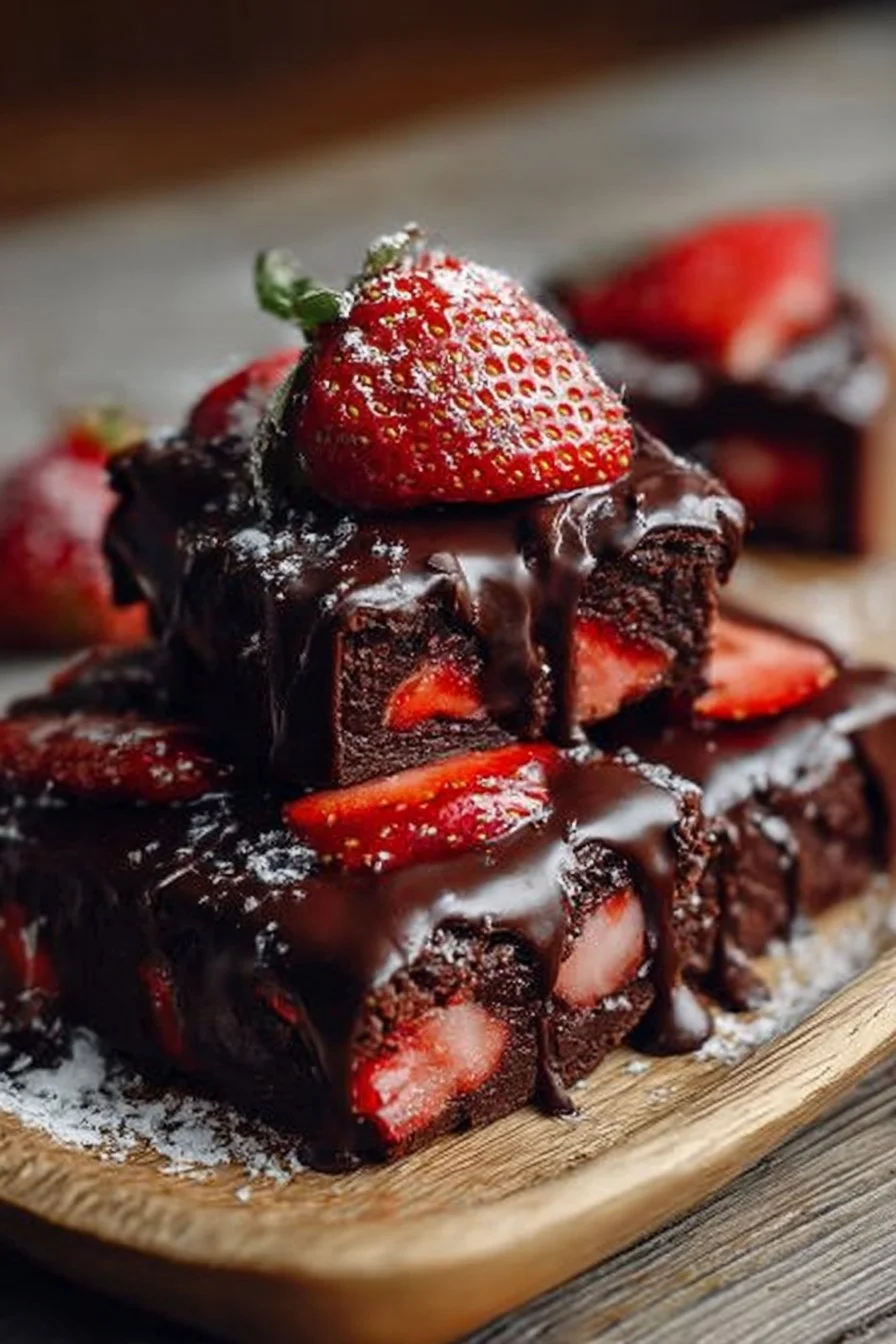 Delicious chocolate covered strawberry brownies on a plate