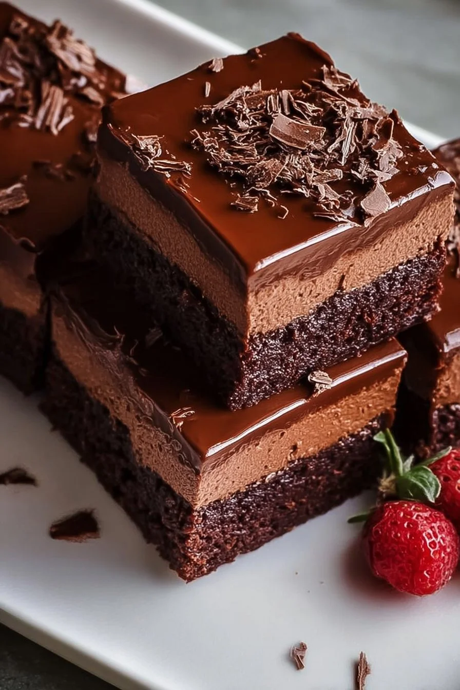 Delicious Chocolate Mousse Brownies topped with chocolate drizzle