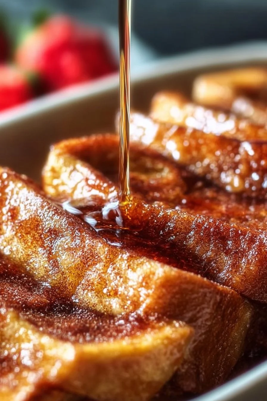 Cinnamon Overnight French Toast Bake ready to serve on a brunch table