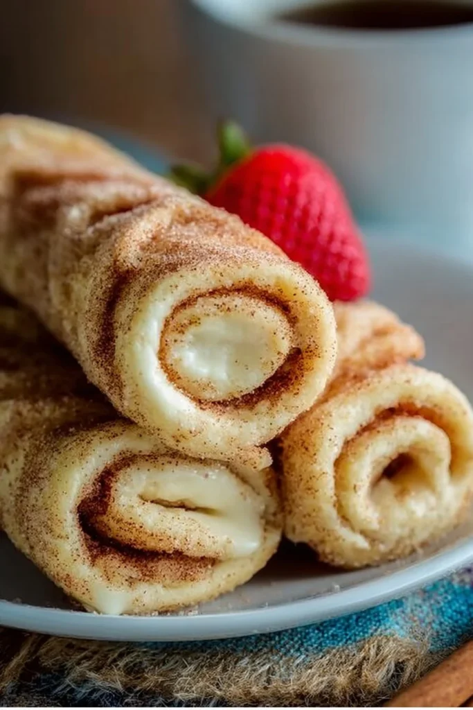 Cinnamon sugar cheesecake roll-ups on a plate, ready to serve.