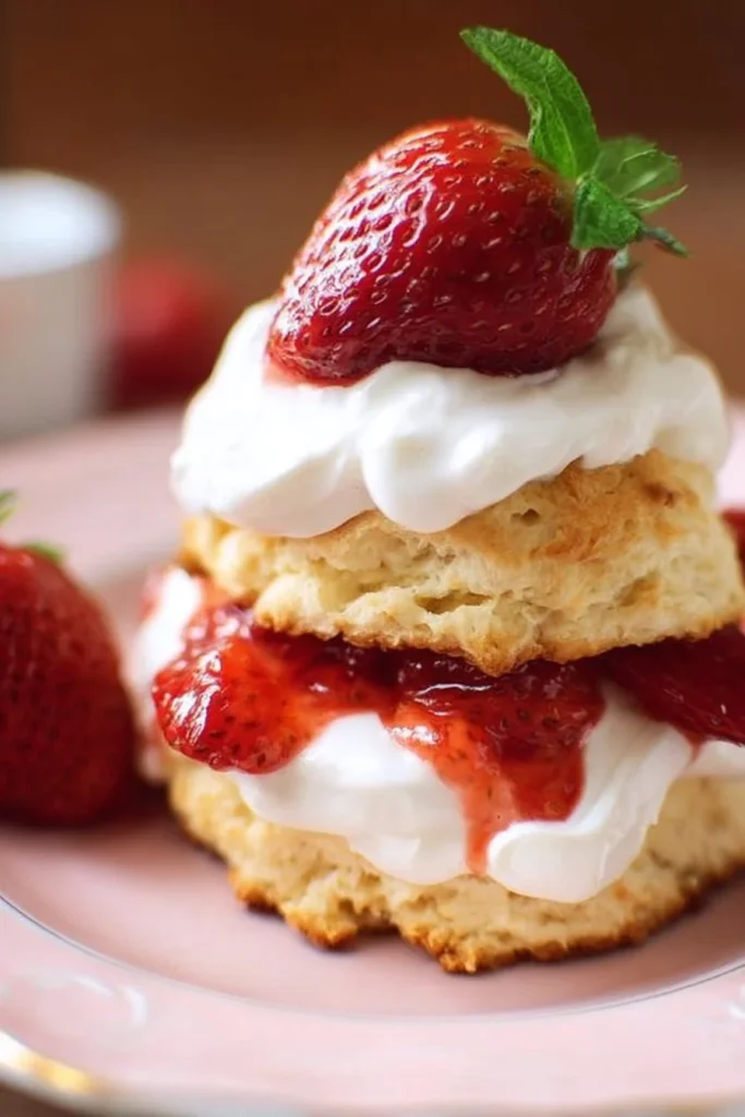 Delicious classic strawberry shortcake with strawberries and whipped cream