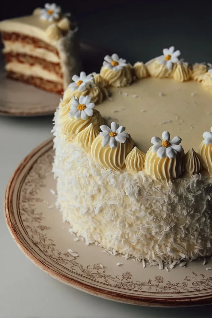 Delicious homemade Coconut Cake topped with fresh coconut and frosting