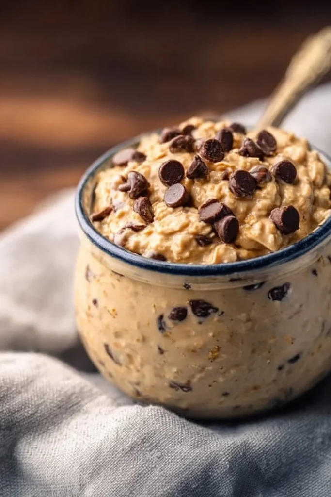 Delicious bowl of cookie dough overnight oats topped with chocolate chips