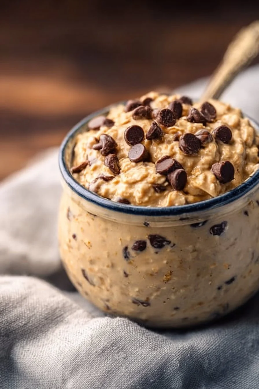 Delicious bowl of cookie dough overnight oats topped with chocolate chips