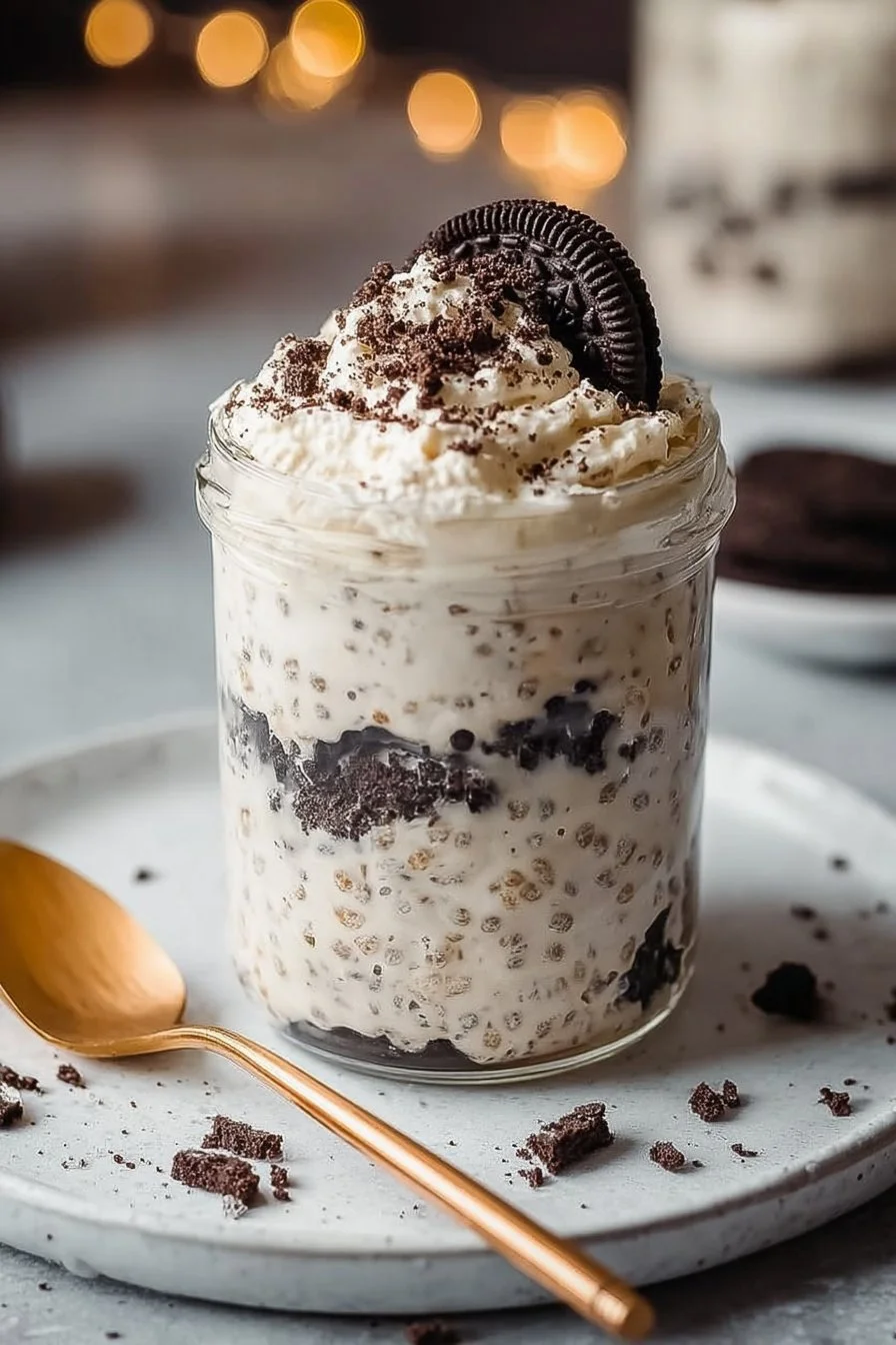Delicious cookies and cream overnight oats served in a glass jar