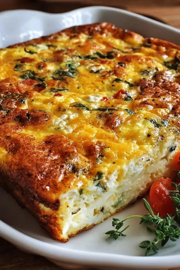 Cottage Cheese Egg Bake served on a plate, garnished with herbs.