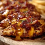 Delicious Cowboy BBQ Bacon Cheddar Chicken served with barbecue sauce and melted cheese