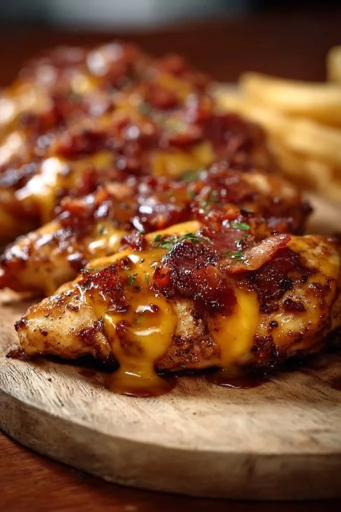 Delicious Cowboy BBQ Bacon Cheddar Chicken served with barbecue sauce and melted cheese