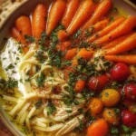 Bowl of cozy chicken noodle soup with fresh herbs and vegetables
