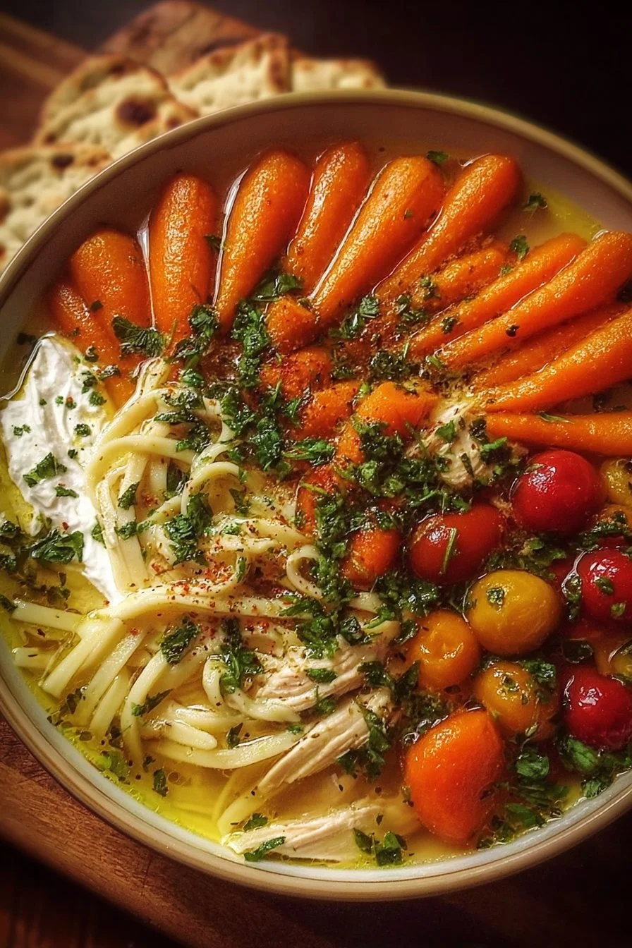 Bowl of cozy chicken noodle soup with fresh herbs and vegetables