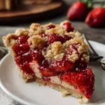 Fresh strawberry pie with buttery crumble topping on a rustic table