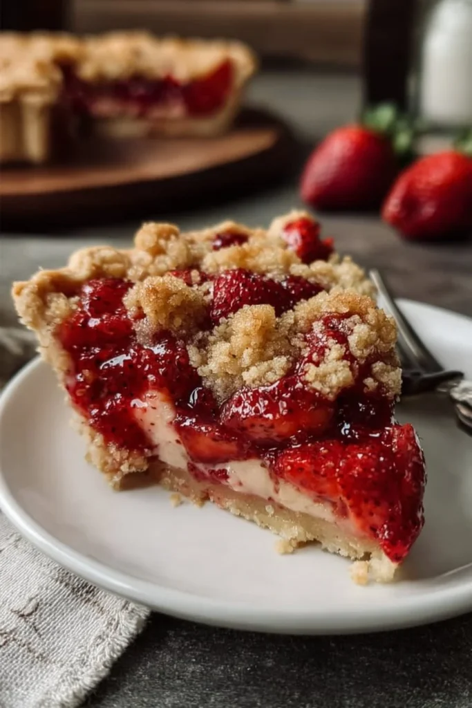 Fresh strawberry pie with buttery crumble topping on a rustic table