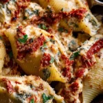 Creamy sun-dried tomato and ricotta stuffed shells served on a plate