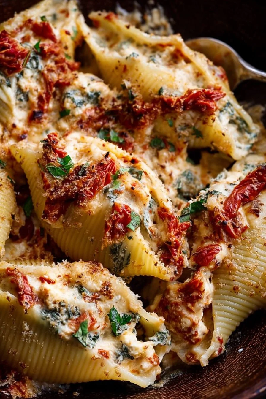 Creamy sun-dried tomato and ricotta stuffed shells served on a plate