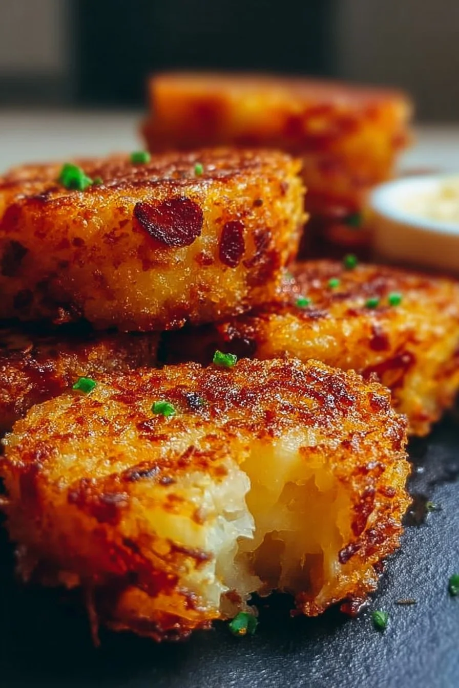 Crispy loaded hashbrown bites with cheese and toppings on a plate